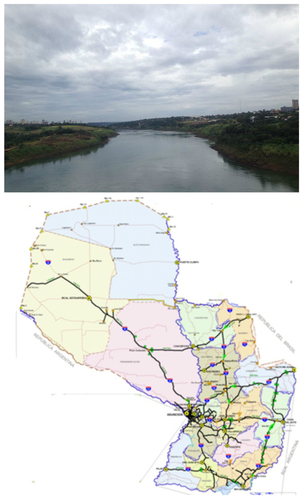 Arriba: Una vista del Rio Paraguay.   Abajo: Un mapa de vias de transporte de Paraguay. Alto Paraguay esta notablemente sin desarrollar.  