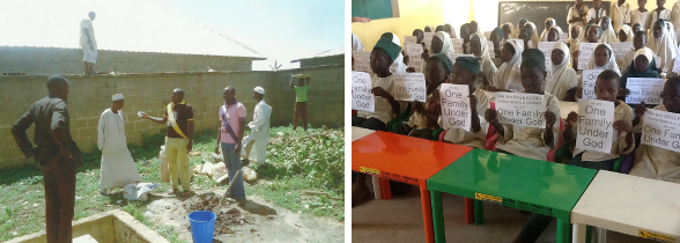 Los proyectos de la Campaña de Una Familia Bajo Dios (izquierda a derecha) mejorando la seguridad y los suelos de un hospital local. (Derecha) Donación de escritorios y sillas a la escuela local que educa a niños y niñas Musulmanes y Cristianos.